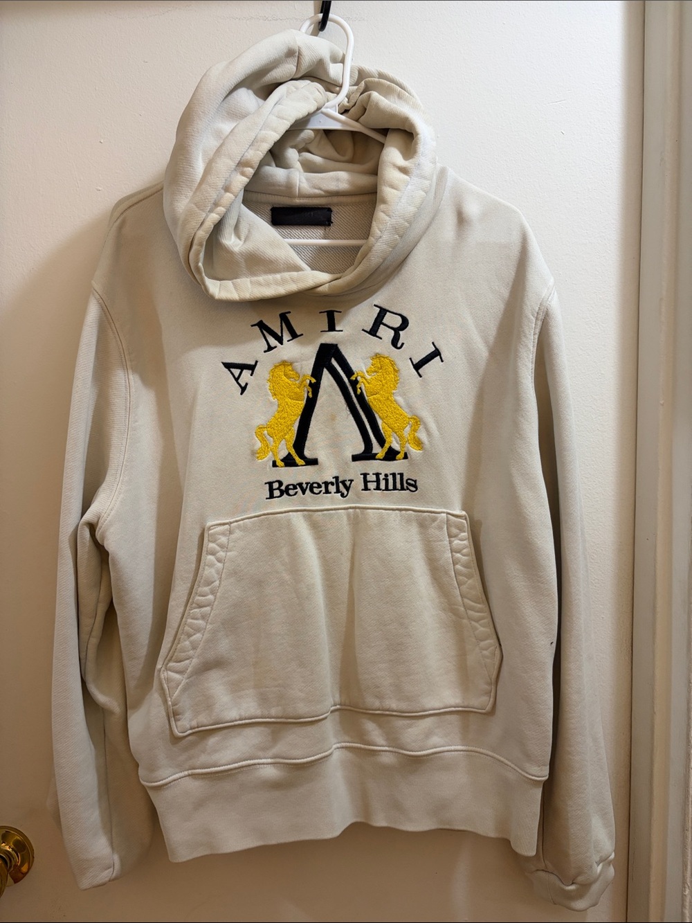 AMIRI Beverly Hills Embroidered Horse Hoodie Cream Ivory Mens